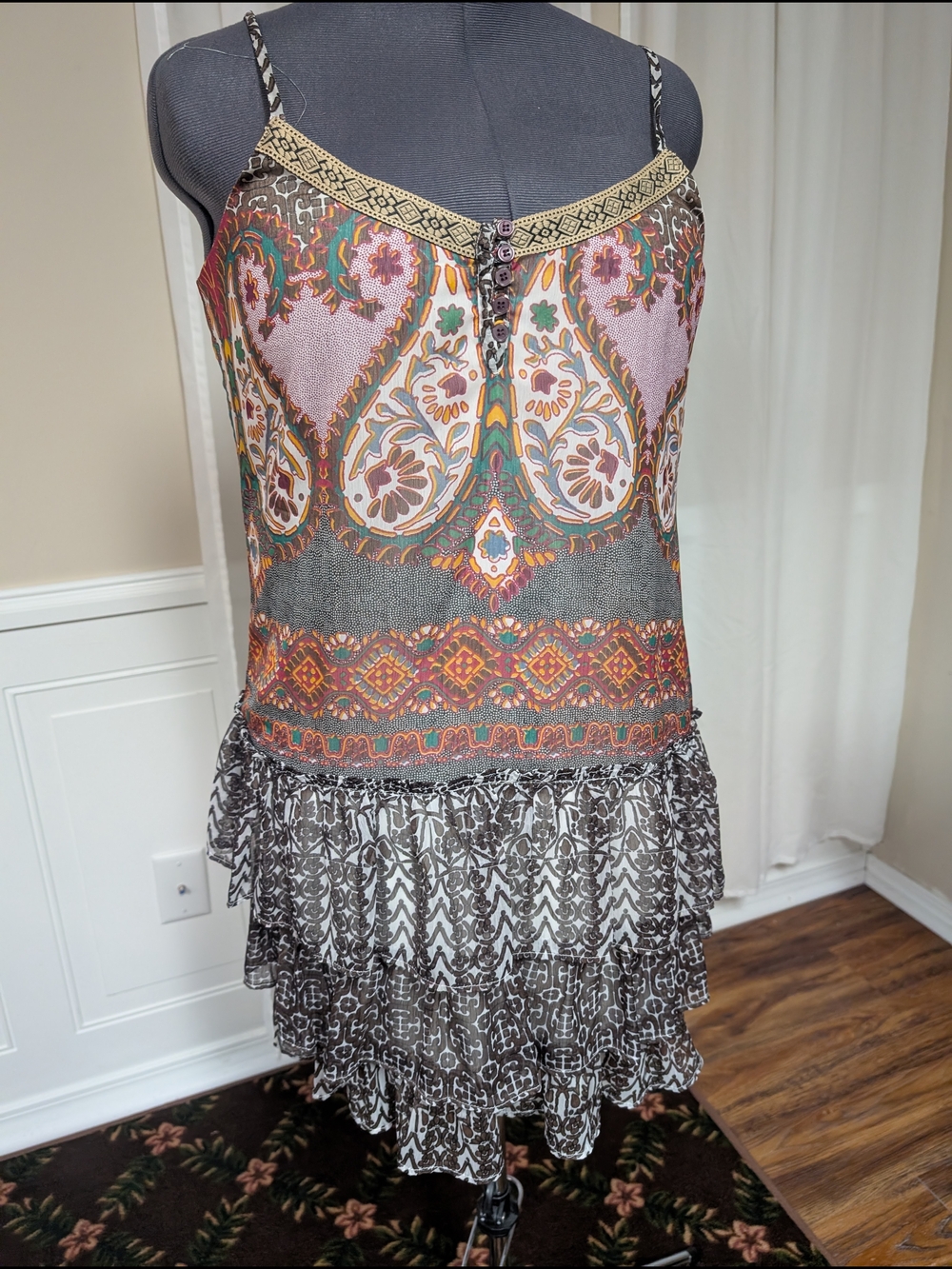 BAND OF GYPSIES Multicolor bohemian sundress Ruffles HiLow hem spaghetti straps - Picture 3 of 10